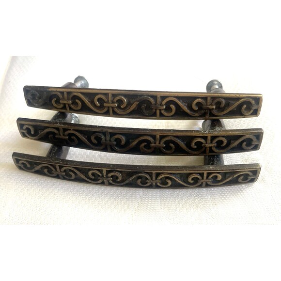 Mid Century Drawer Pulls 3" Bronze Gold Brass Set 3pcs Filigree Scrolls Handles - Picture 6 of 7